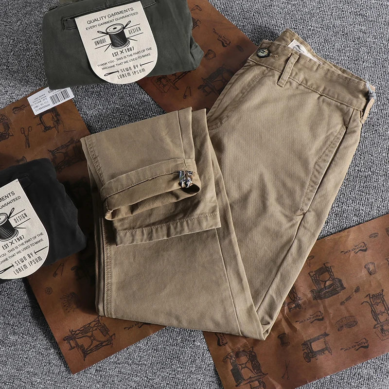 3316# Spring and Autumn New American Retro Woven Twill Cargo Pants Men's Simple 100% Cotton Washed Old Slim Straight Trousers