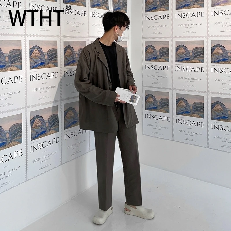

WTHT Fashion Men's Solid Color Double Buckle Lapel Blazer Coats Trendy 2025 Summer Drawing Elastic High Waist Pants Male 2A0909