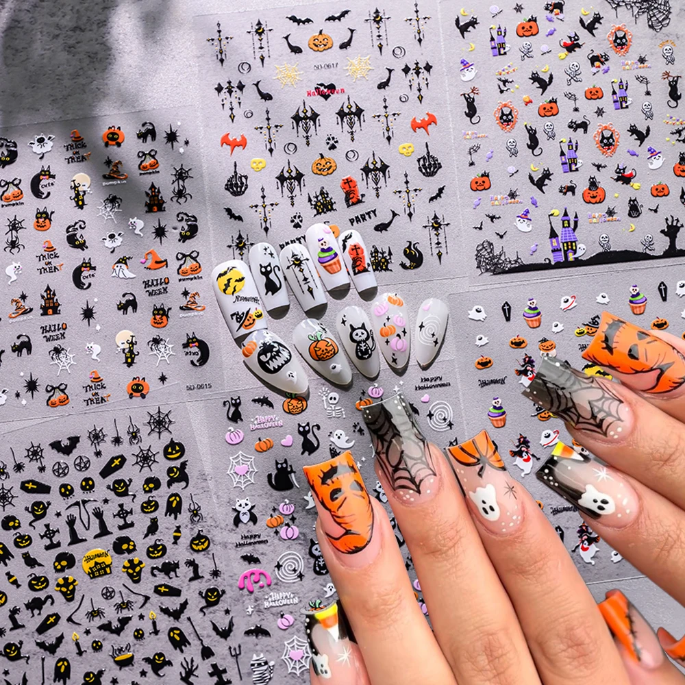 

5D Halloween Ghost Bat Pumpkin Nail Sticker Glossy Spider Skeleton Vintage Cross Nail Decals Halloween Spooky Nail Slider Decora
