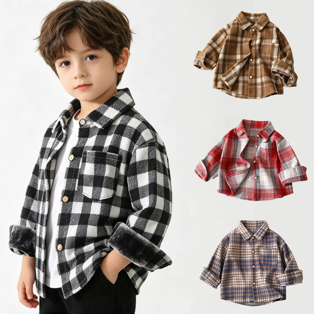 Boys Clothes Spring Autumn Toddler Boy Collar Shirt Button Up Plaid Long Sleeve Kids Shirts Black White Red Pink Children's Tops