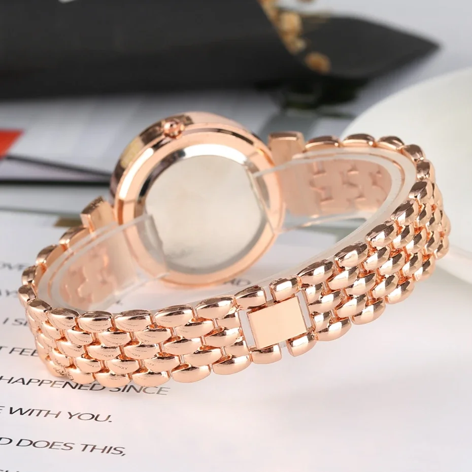 Relojes de cuarzo con tapa única para mujer, cristal de letra R, moda ostentosa, reloj de pulsera informal para mujer, relojes dorados
