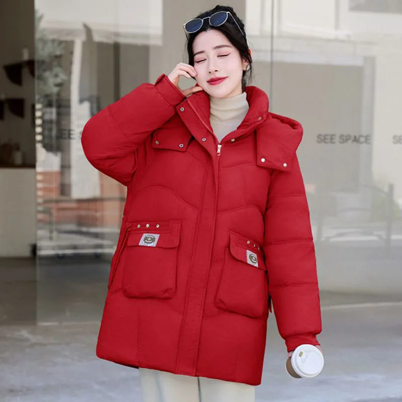 Cotton Down Coat for Women Warm Jacket Medium Style Parkas Large Size Loose Outwear Hooded Padded Overcoat Winter New 2024