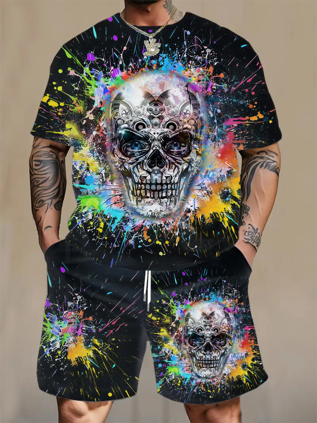 New 3D printed tiger print men's plus size sports and leisure round neck short sleeved shorts two-piece set for summer 2025