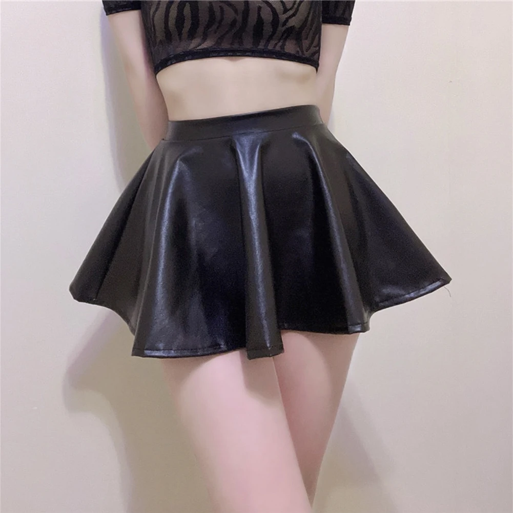 

New Ladies Black High Waisted Pleated Wet Look Faux Leather Skater Skirt Short Fashion Skirt Casual Smooth Female Mini Skirt