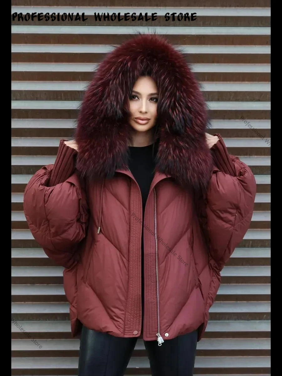 Women's Winter Waterproof Goose Down Puffer Jacket Oversized Fox Fur Outerwear Windproof Casual Outdoor Warm Cold Weather Coatv