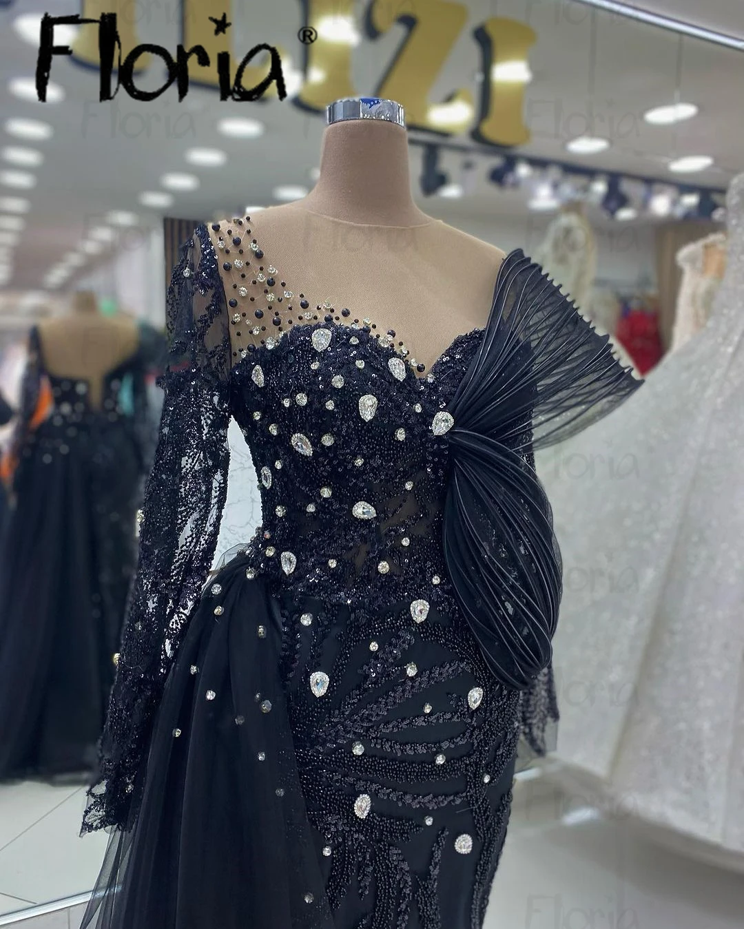 Vestidos de Fiesta Elegantes 2024 Sparkly Silver Crystals Handmade Couture Evening Dress Black Mermaid Long Sleeve Robe Femme