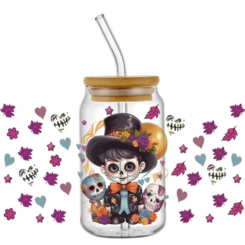 Mexican Day of the Dead DIY Decals 3D transfers uvdtf crystal stickers 16oz uv dtf cup wraps for Libbey Glasses