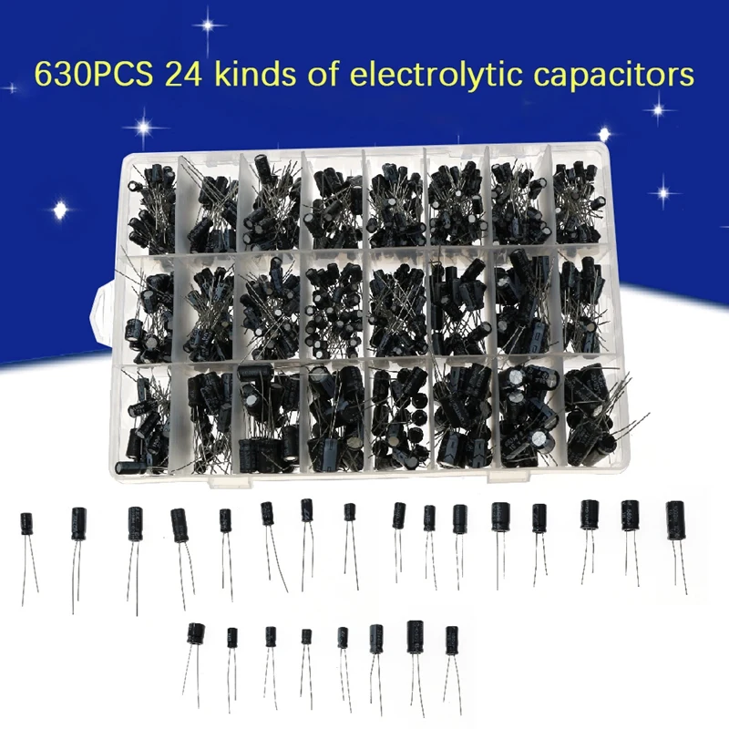 630PCS 24 Kinds Electrolytic Capacitors 0.1UF-1000UF Capacitor Kits