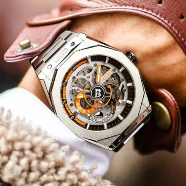 

BONEST GATTI Men Automatic Watch 42mm Mechanical Wristwatch 50M Waterproof Sapphire Mirror Luminous Skeleton Dial