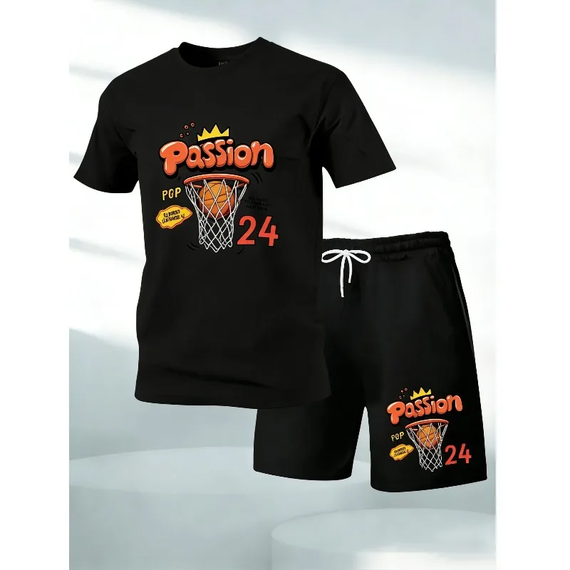 

New men's sports outfit. Men's casual sportswear. Printed short-sleeved sports shirt set. Patterned set. Quick-drying set.