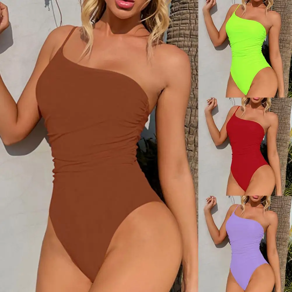 

Sexy One Shoulder Swimwear Women Bikini One Piece Swimsuit Sleeveless Backless High Waist Lady Swimming Beach Wear Bathing Suit