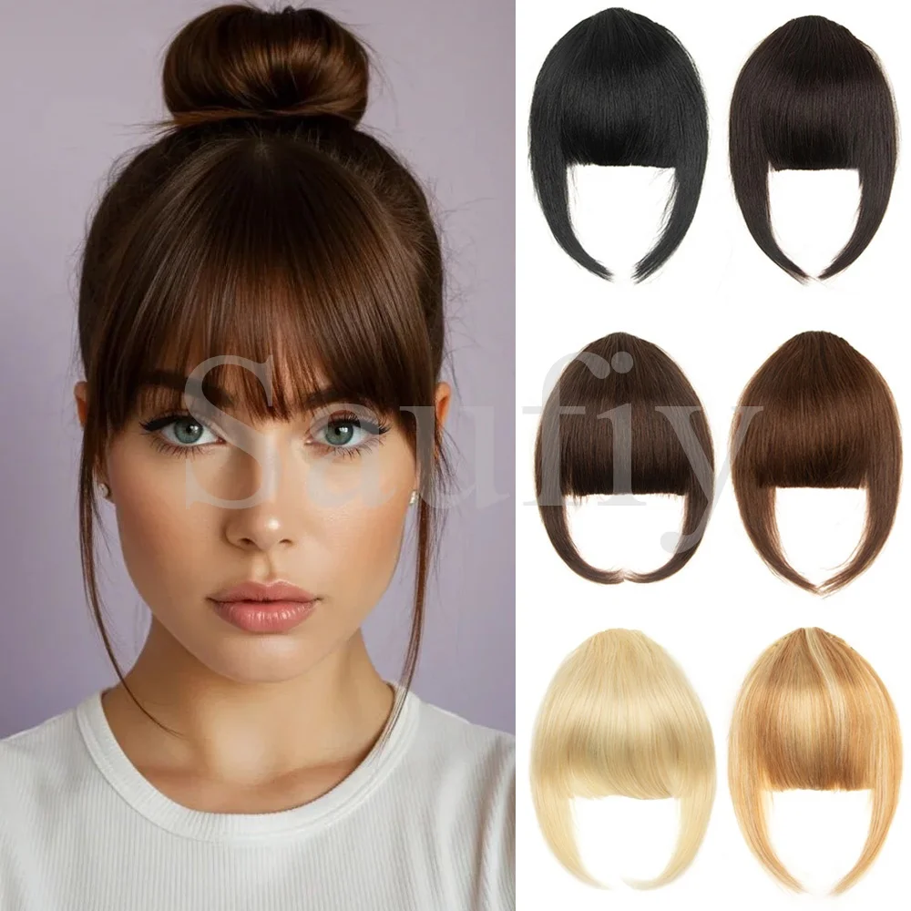 

Clip in Hair Bangs Real Human Hair Clip on Wispy Bangs Fringe with Hairpieces For Women Blonde Brown Fake Front Bangs Extensions