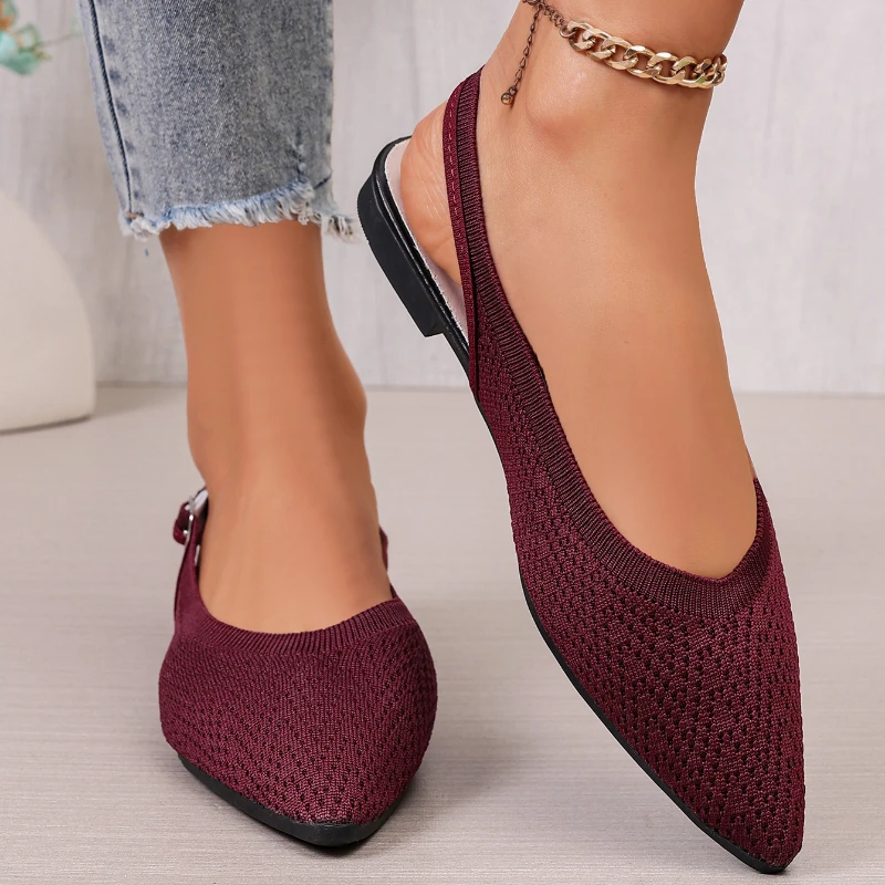 

Женские сексуальные туфли с острым носком на плоской подошве, повседневные дышащие сандалии, летние новые однотонные вязаные туфли с открытым задником, хит продаж 2026 года