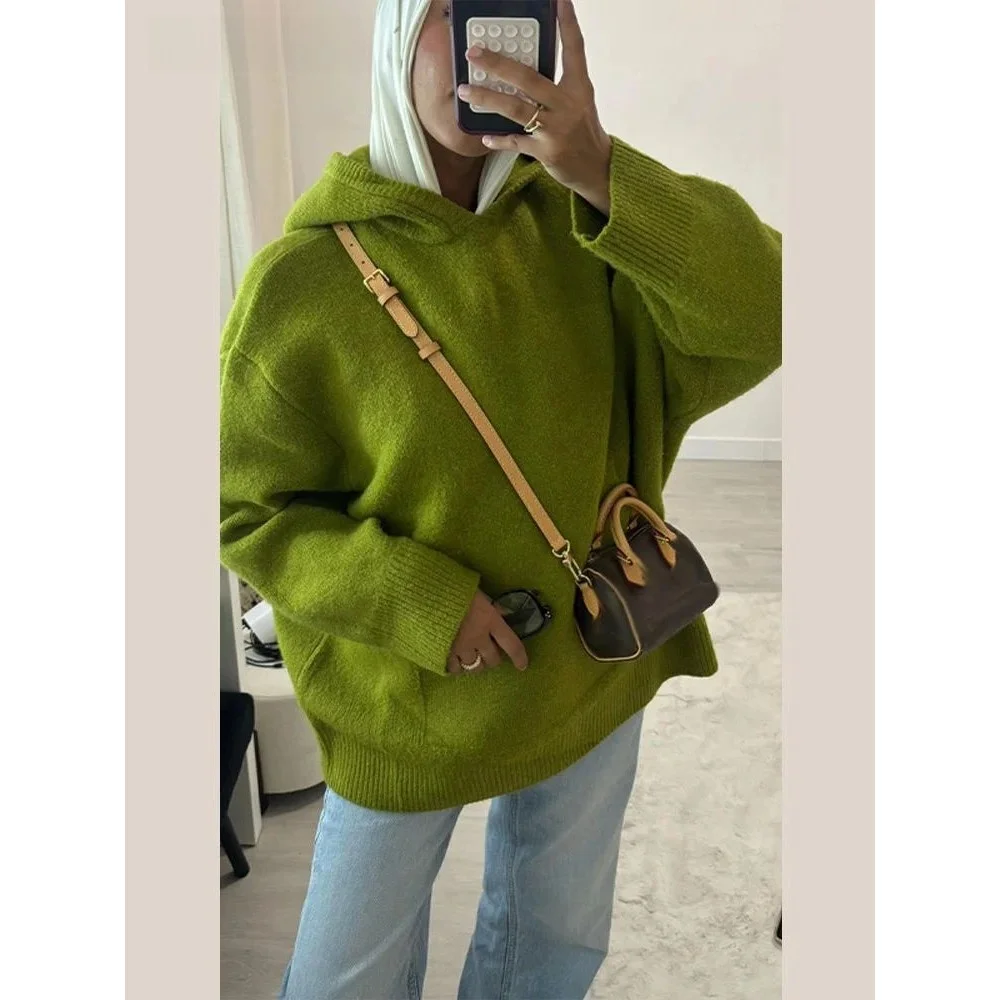 

Casual Knitted Women's Hooded Sweater with Large kets Loose Fit Spring 2026 Other Material 00% Ladies' Sweatirt