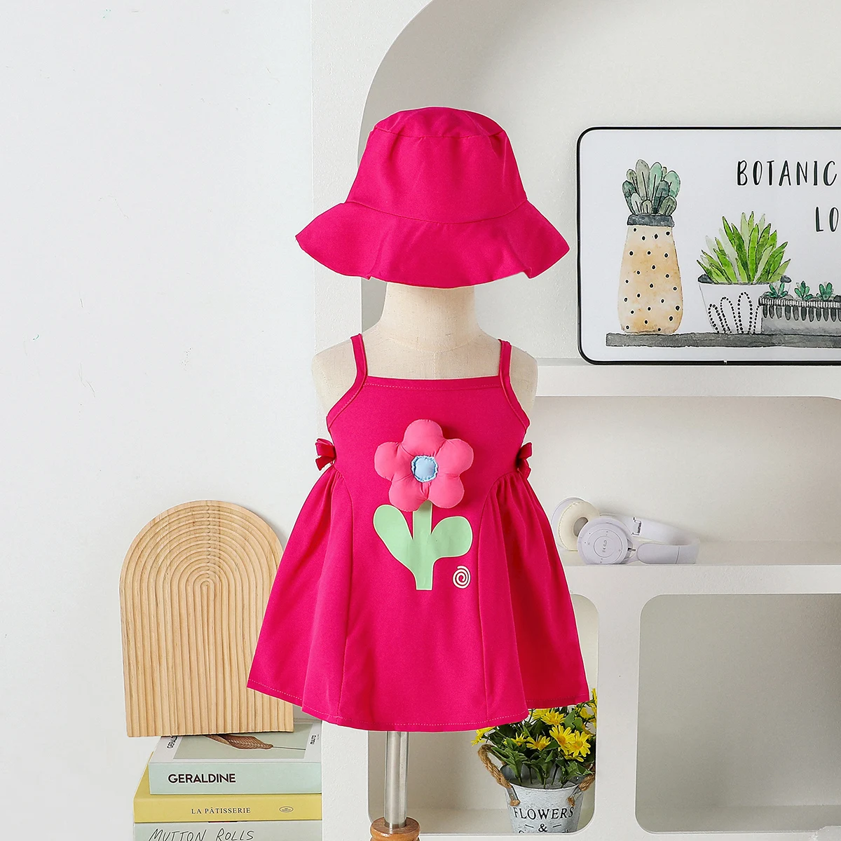 2025 New Summer Solid Strapless Dress with 3D Flower Sun Hat Two-piece Set