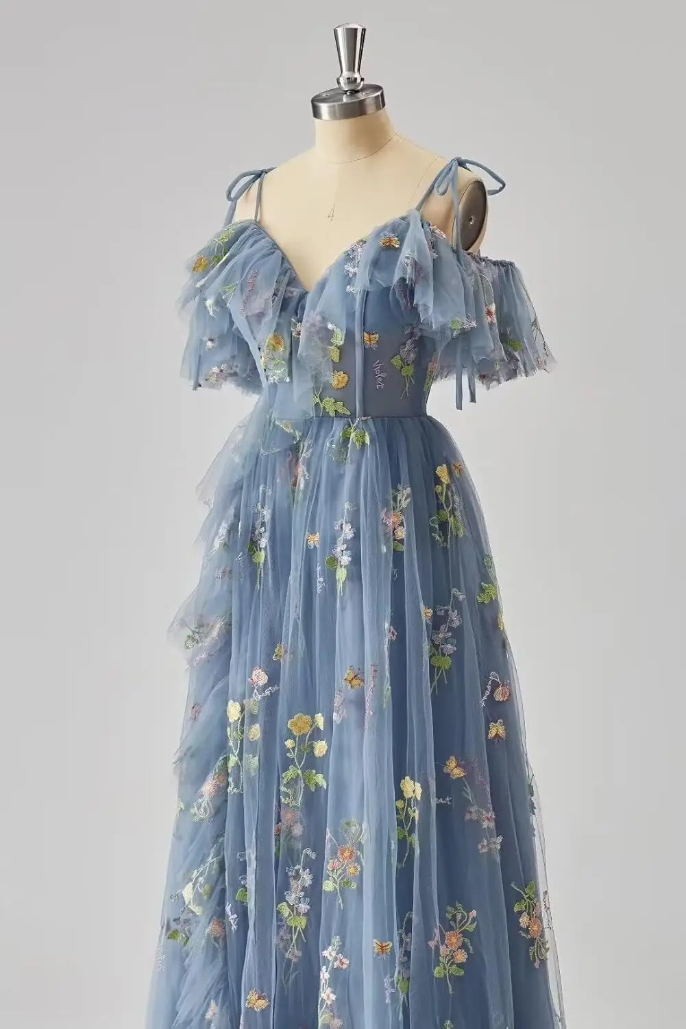 Tulle Prom Dresses Flower Embroidery Ruffle V Neck Women's Formal Evening Party Gowns 2024 Evening Gown