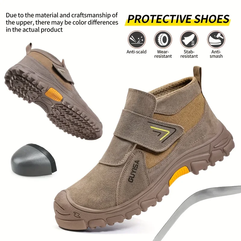 

GUYISA Men's Steel Head Work Shoes Anti Smash and Anti stab Brown High Top Velcro Simple and Fashionable Industrial Fireproof Fl