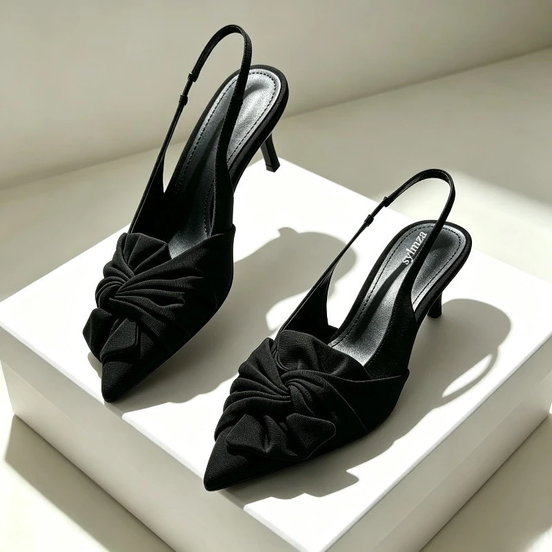 Elegant Bowknot Pointed Toe Pumps Women Slingbacks Sandals Shallow Designer Party Shoes Velvet Brand High Heels Women Mules - view 4