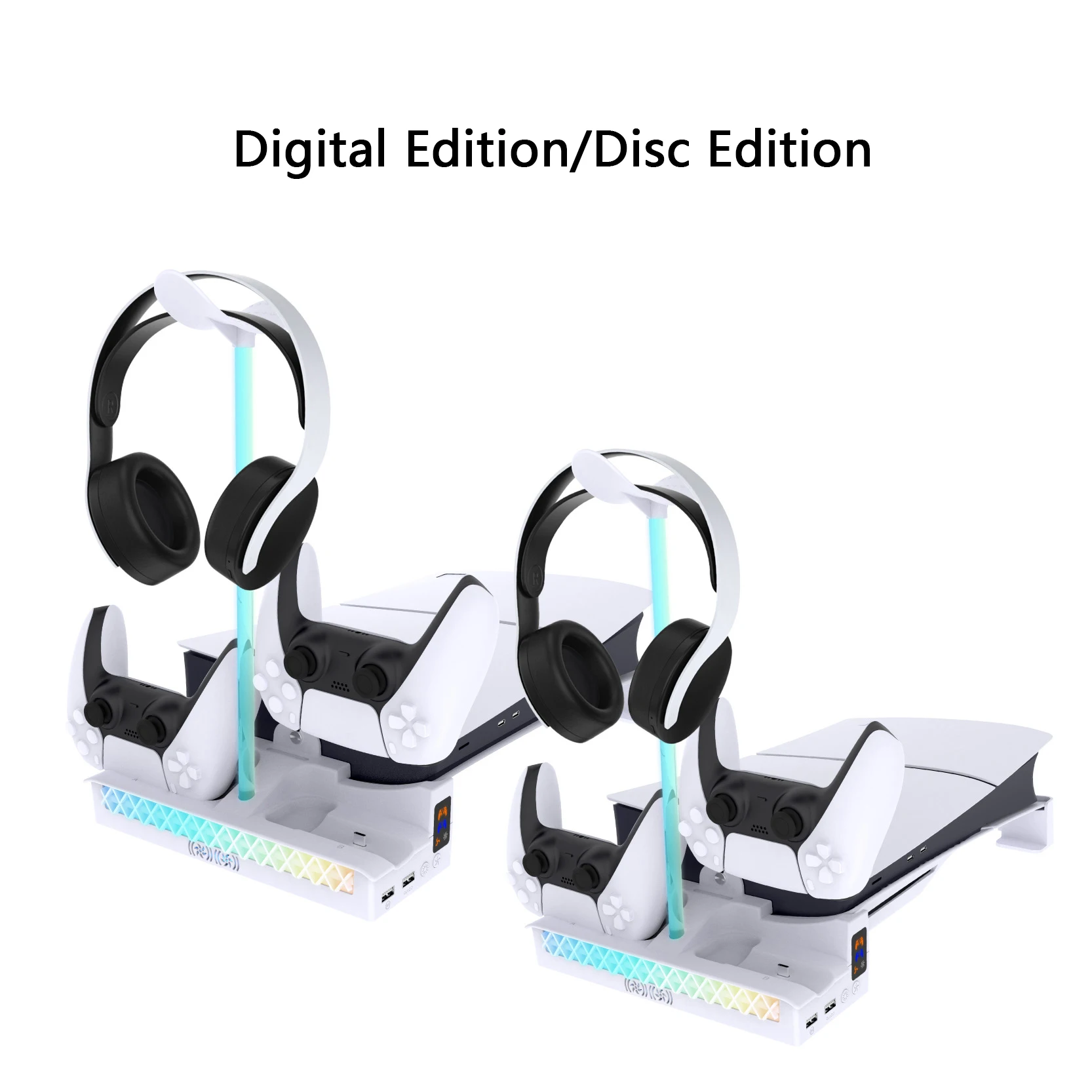 Multifunctional Cooling Fan With RGB Light Effect For PS5 Slim Console Horizontal Bracket With Dual Controller Charging Station