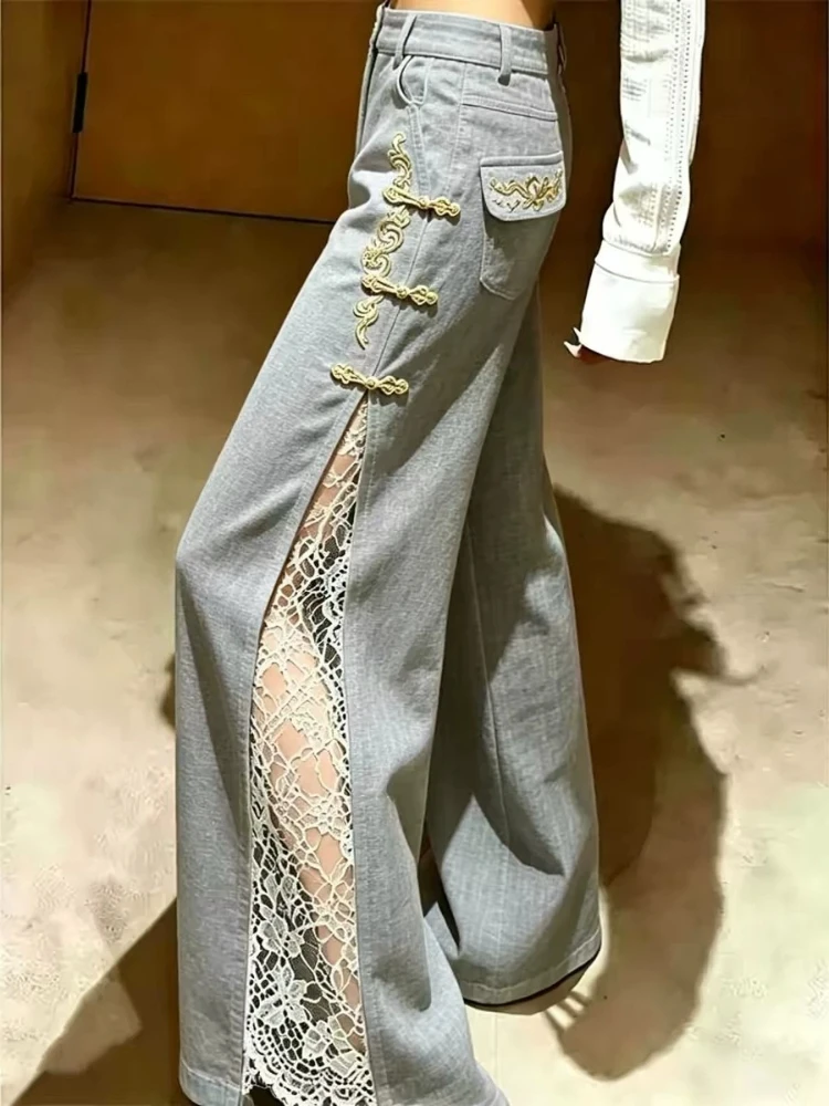 Tailored Trouser Wide - Tailored Trousers Gray Elegant High Waist