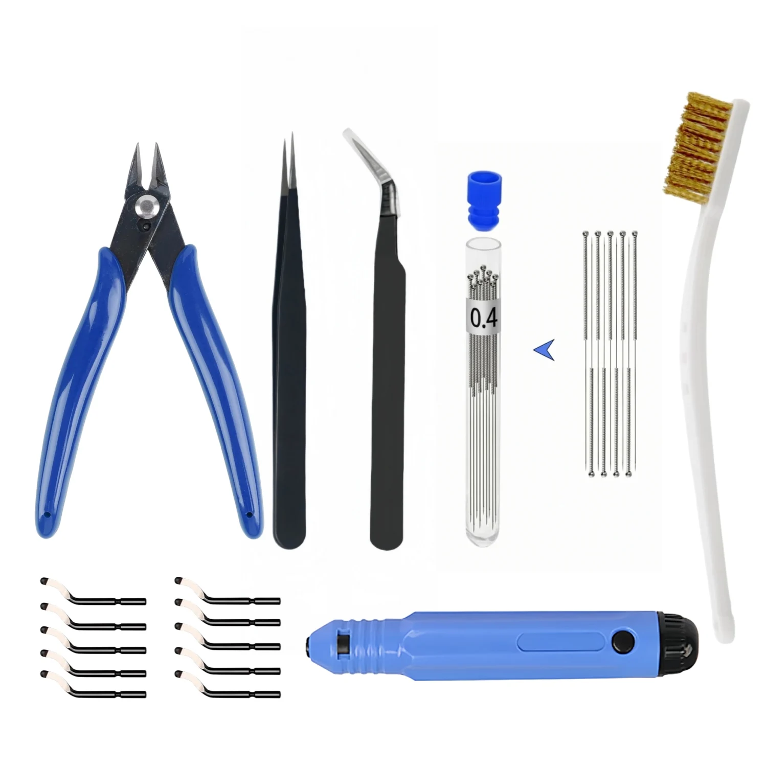 3D Printer Tool Kit Trimming Brush Cleaning Needle Tweezers Pliers Basic and Deburring Tools with Blades DIY Printer Parts
