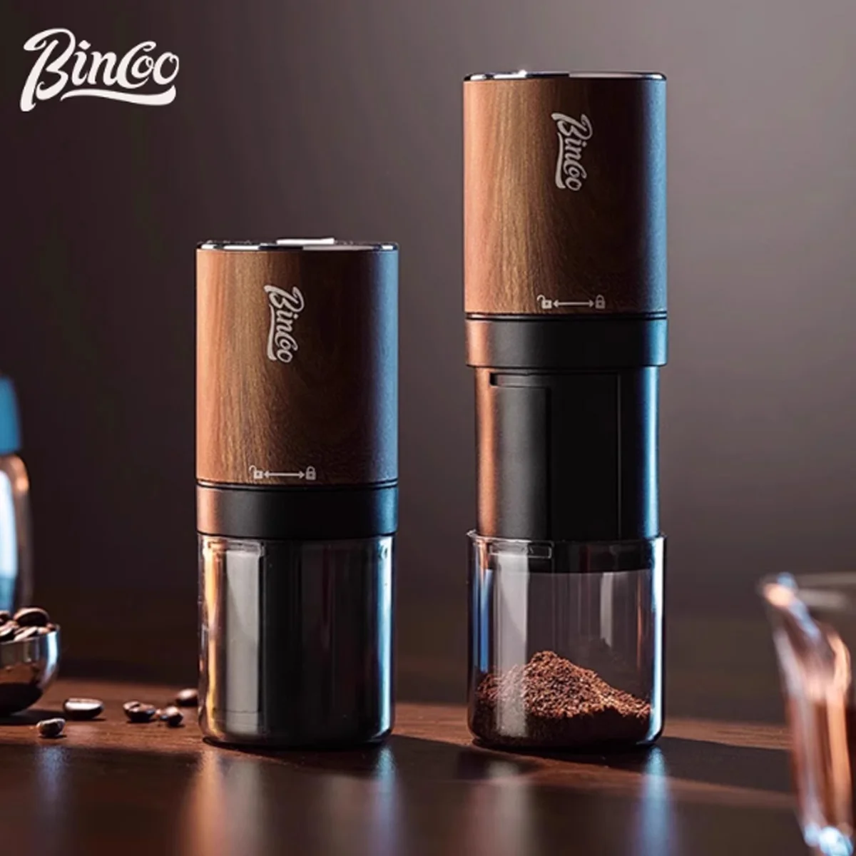 

Электрическая кофемолка BINCOO, портативная мельница для зерен со стальными заусенцами, небольшой бытовой кофемолка, дизайн под дерево