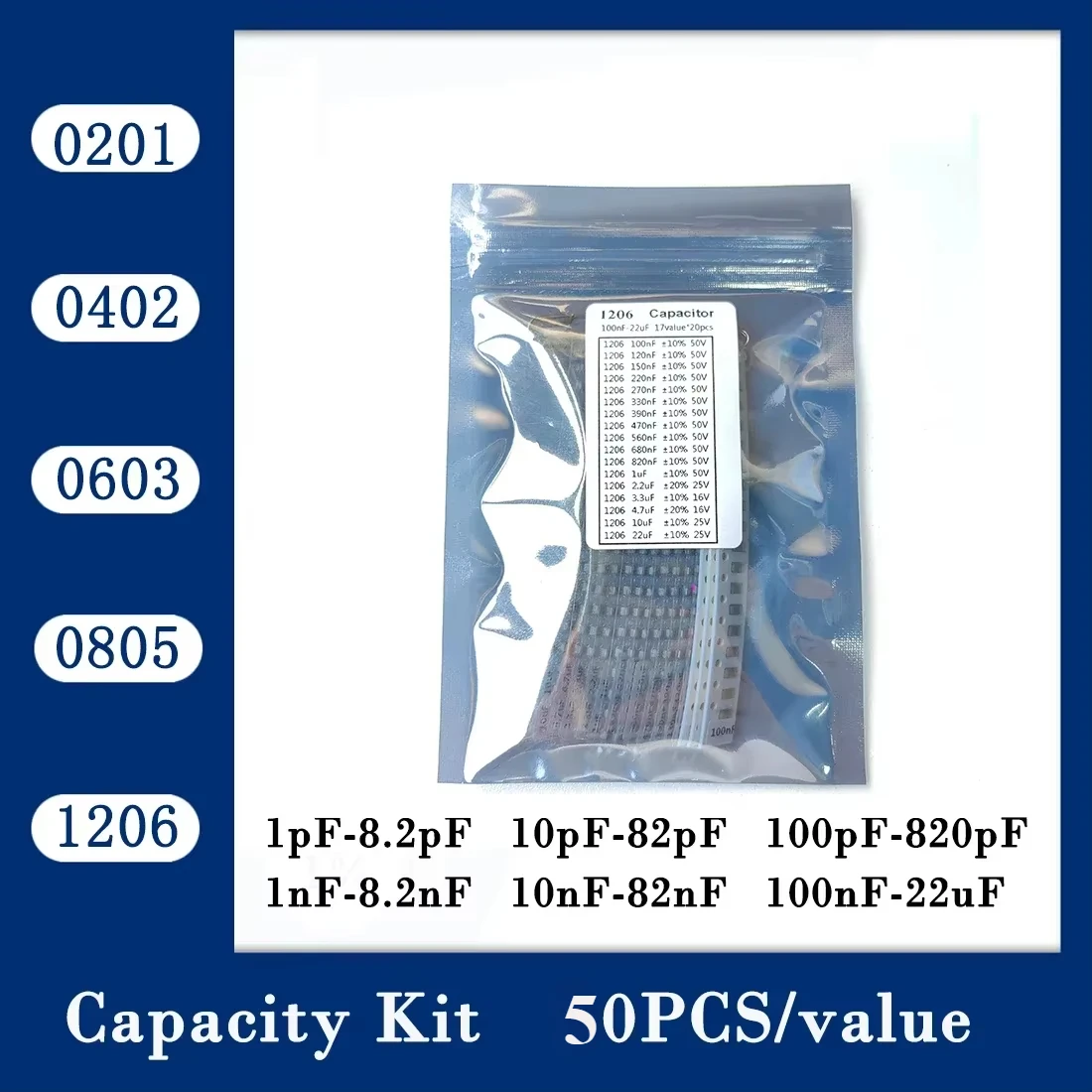 Capacitor kit 0201 0402 0603 0805 1206  smd Capacity package each value*50PCS Sample Kit Capacitor 470nf 1nf 10nf 1uf 10uf 22uf