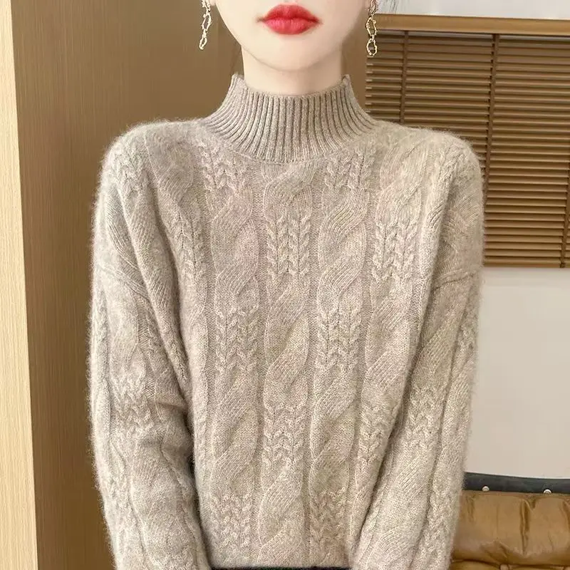 Autumn and Winter New Thick Twisted Flower Half High Neck Knitted Sweater Soft and Comfortable Versatile Knitted Base Sweater