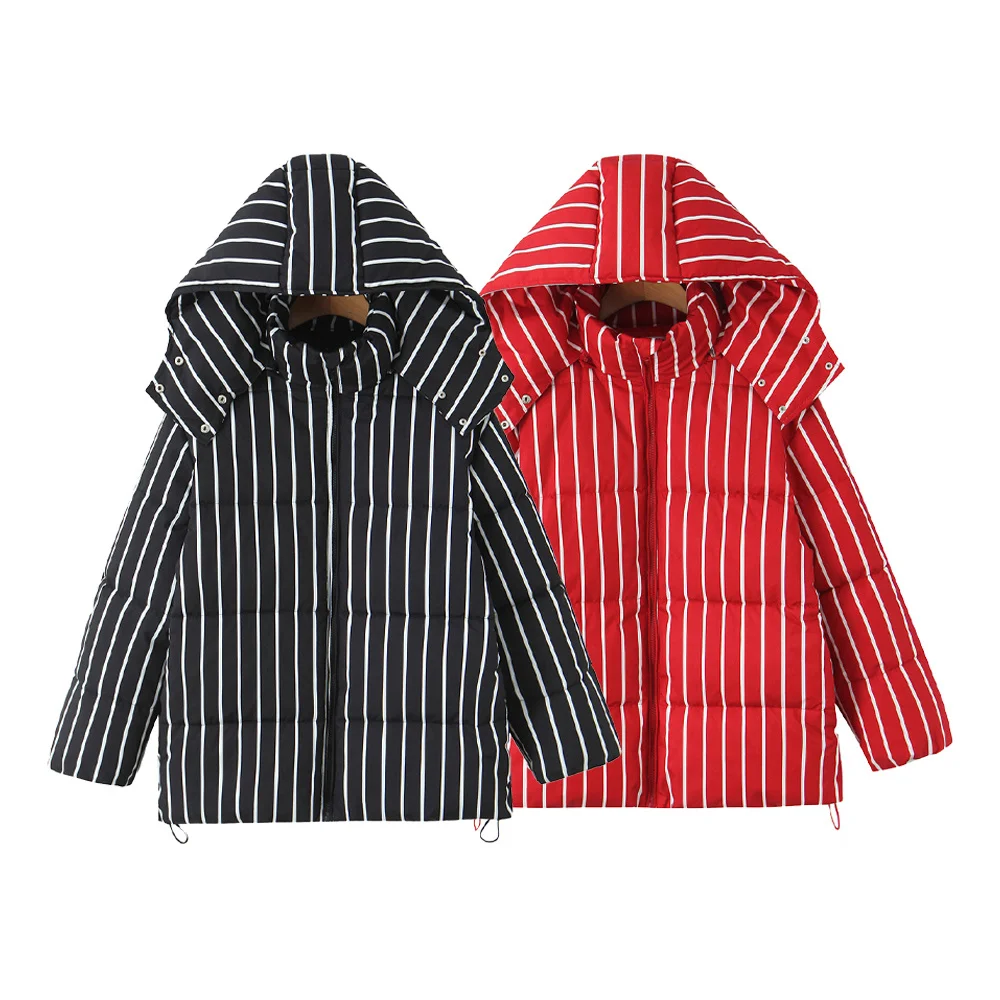 

New autumn and winter women's clothing loose and fashionable striped hooded long sleeved bread jacket cotton jacket