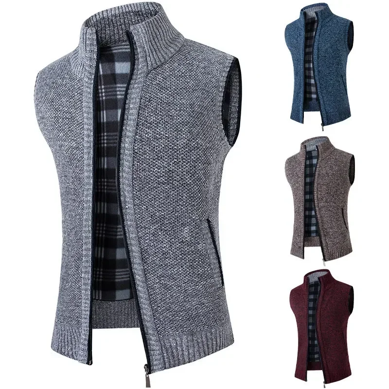 2023 New Solid Mens Sweaters Autumn Winter Warm Zipper Sweaters Vest Men Casual Knitwear Sweatercoat Male Sleeveless Cardigan