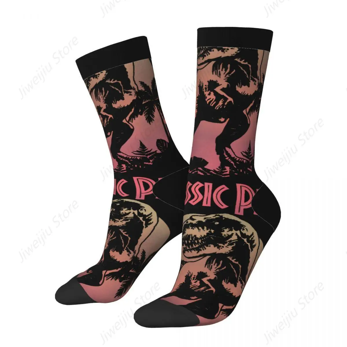 Pastel T-Rex Sunset Logo Sock for Men Hip Hop Vintage Jurassic Park Happy Seamless Pattern Printed Boys Crew Sock Casual Gift