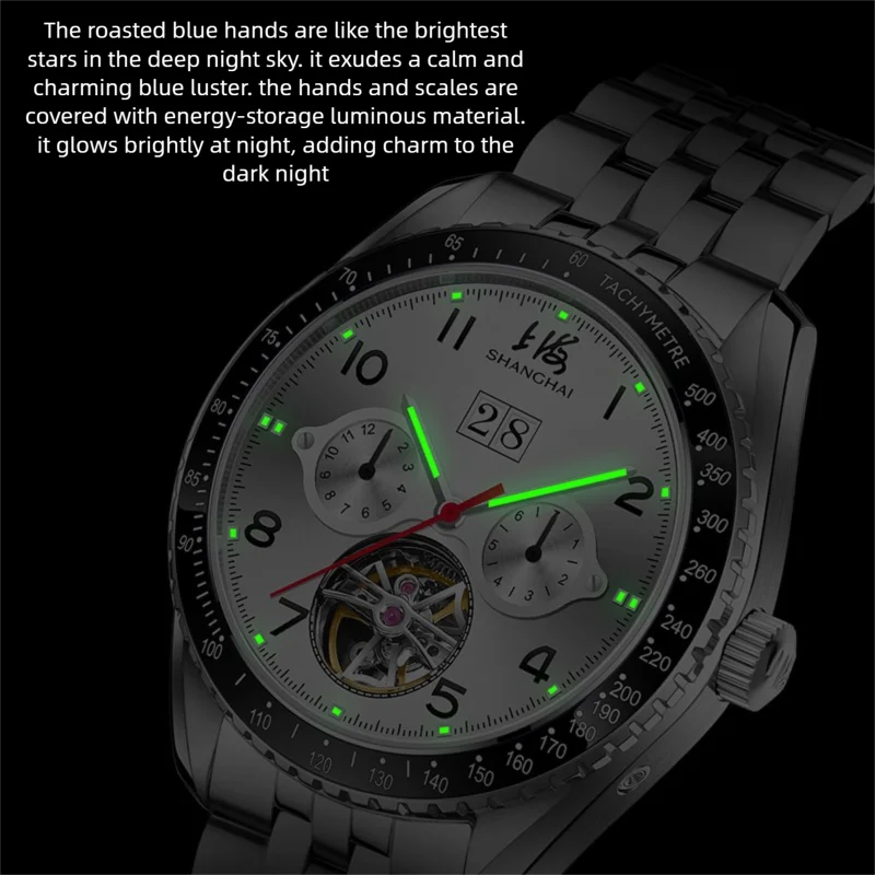 Shanghai Men's Watch Automatic Mechanical Watch Military Pilot's Watch Stainless Steel Sapphire Luminous Business Watch SH6021