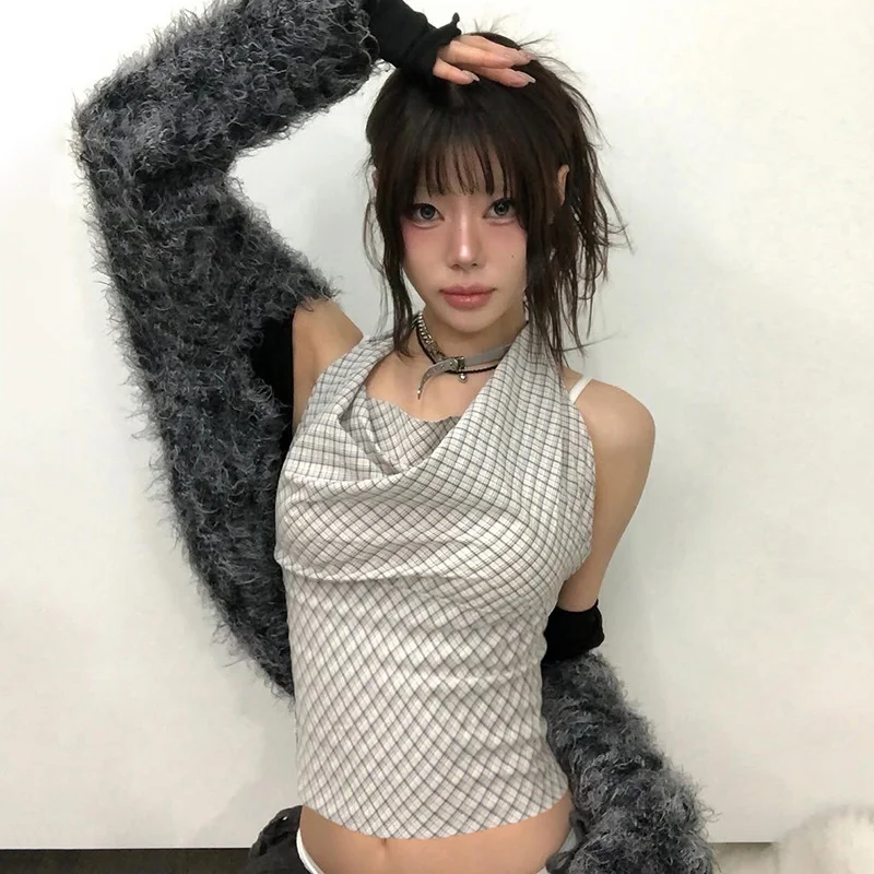 

2025 летний новый женский модный и сексуальный жилет с открытой спиной и клетчатым принтом, свисающий воротник, висящий жилет для похудения