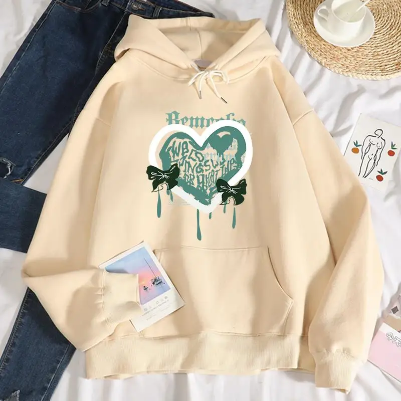 

Street Womans Hoodies Hearts Bows Graffiti Art Letter Printing Pullover Comfortable Pocket Soft Sweatshirt Autumn Sportswear