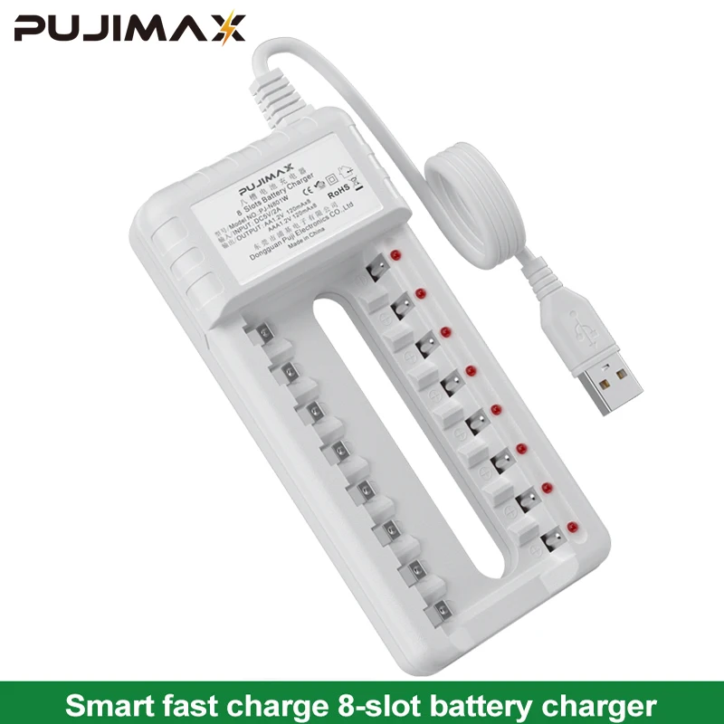 PUJIMAX Battery Charger intelligent 8slot USB cable For AA/AAA Ni-MH Rechargeable Batteries For remote control microphone camera