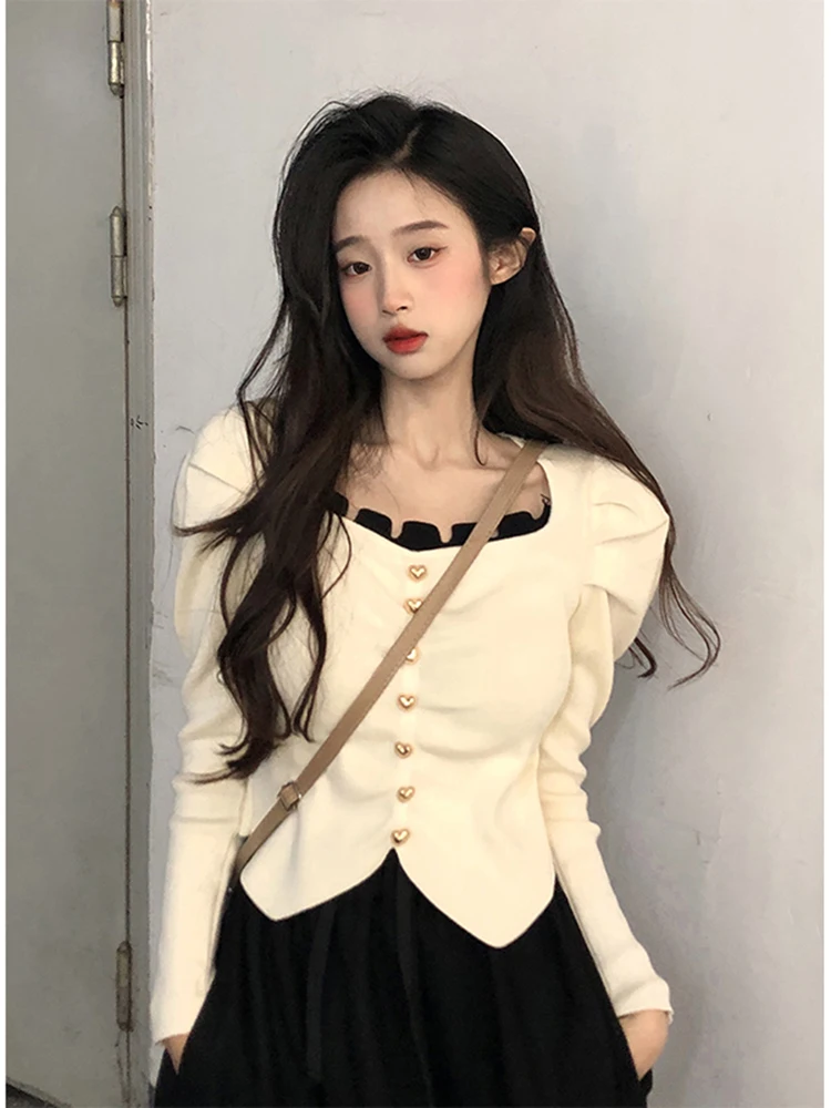 Korobov Puff Sleeve Y2k Sweater Square Collar Irregularity Womens Clothing French Slim Chic Tops Vintage Fashion Ropa De Mujer