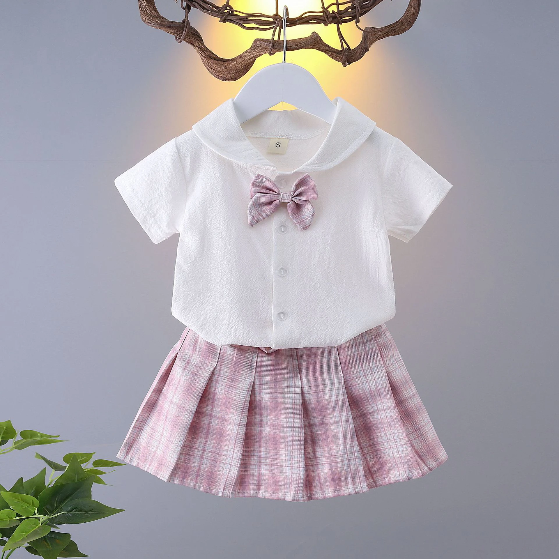 

1-12Y Kid Girl Suit Summer Chiffon College Style T-shirt+Skirt 2Pcs Set Baby Girl Clothes Children Teenager Pleated Skirt A536