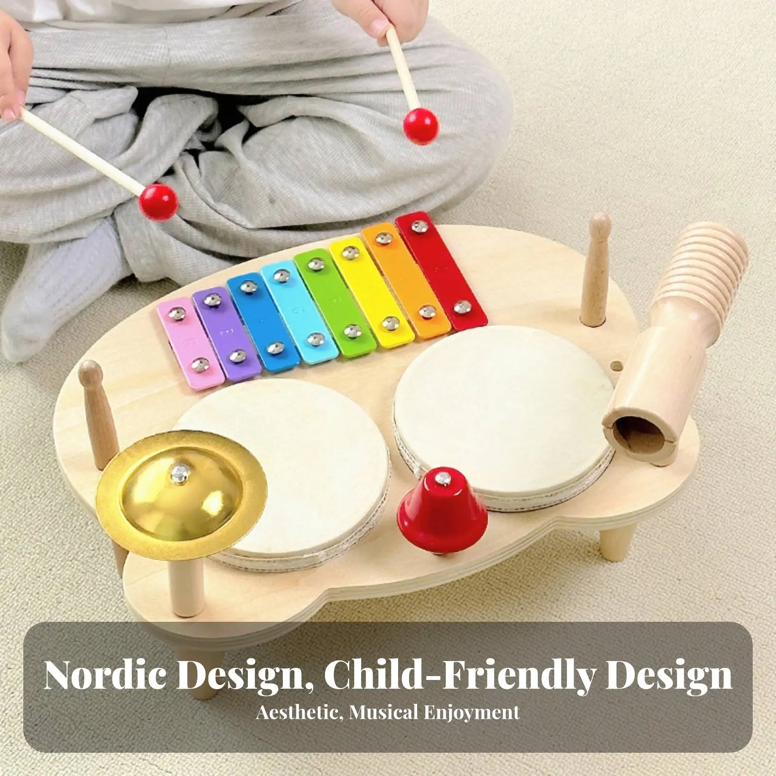 

Young Child Instrument Set Natural Wood Wooden Percussion Table Multi-Instrument Music Station Early Learning for Young Children