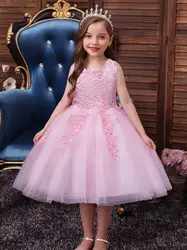 Girls Mesh Hem Princess Dress, Embroidery Design Sleeveless Flower Girl Dress For Pageant Gown Christmas Birthday #802