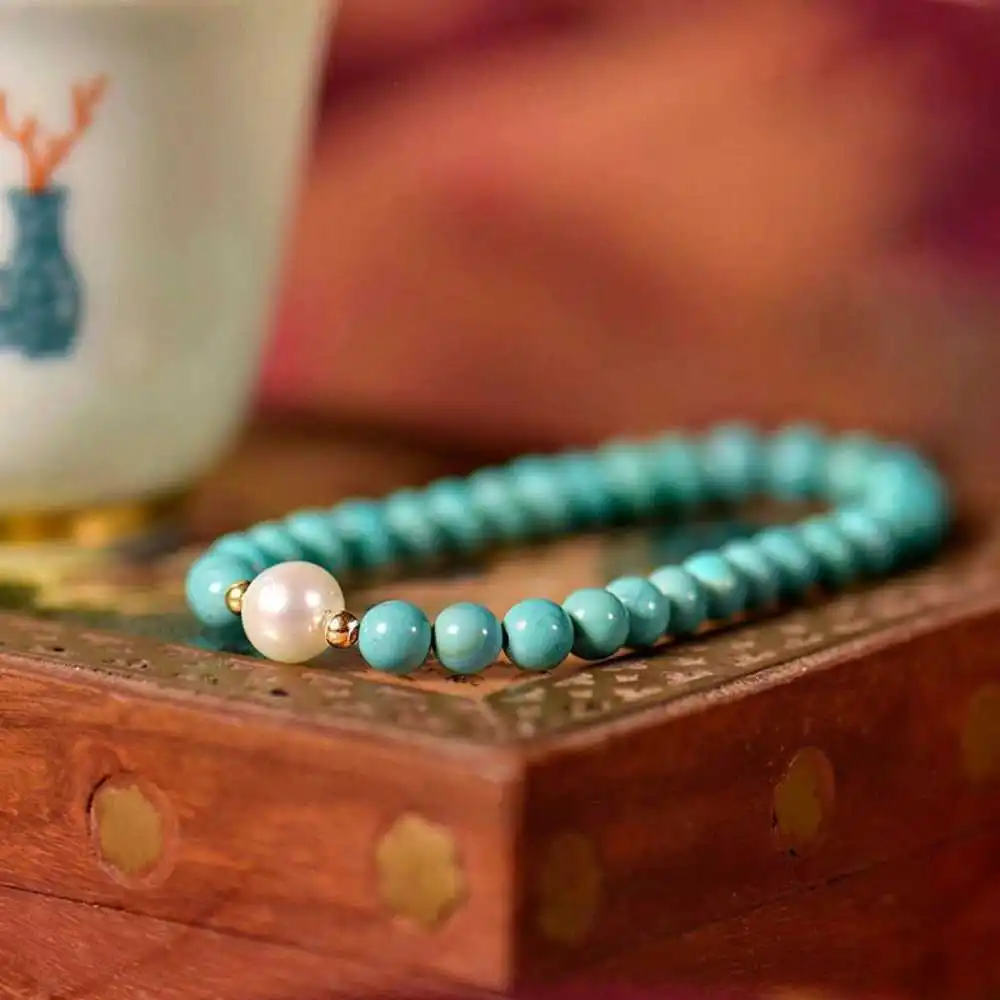 Beautiful Natural Turquoise Beads Freshwater Pearls Bracelet Chain Spirituality Meditation All Saints' Day spread Yoga