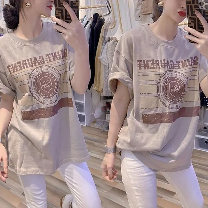 

Fashion Korean Letter Printed T-shirt Short Sleeve Women's Clothing Casual Loose Summer Commute Round Neck Daily Basic Pullovers