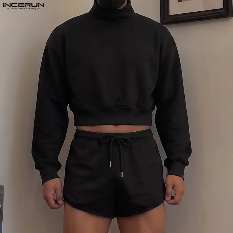 Men Sets Solid Color Streetwear Turtleneck Long Sleeve Crop Hoodies Shorts Two Piece Sets Men Matching Sets Tracksuits INCERUN