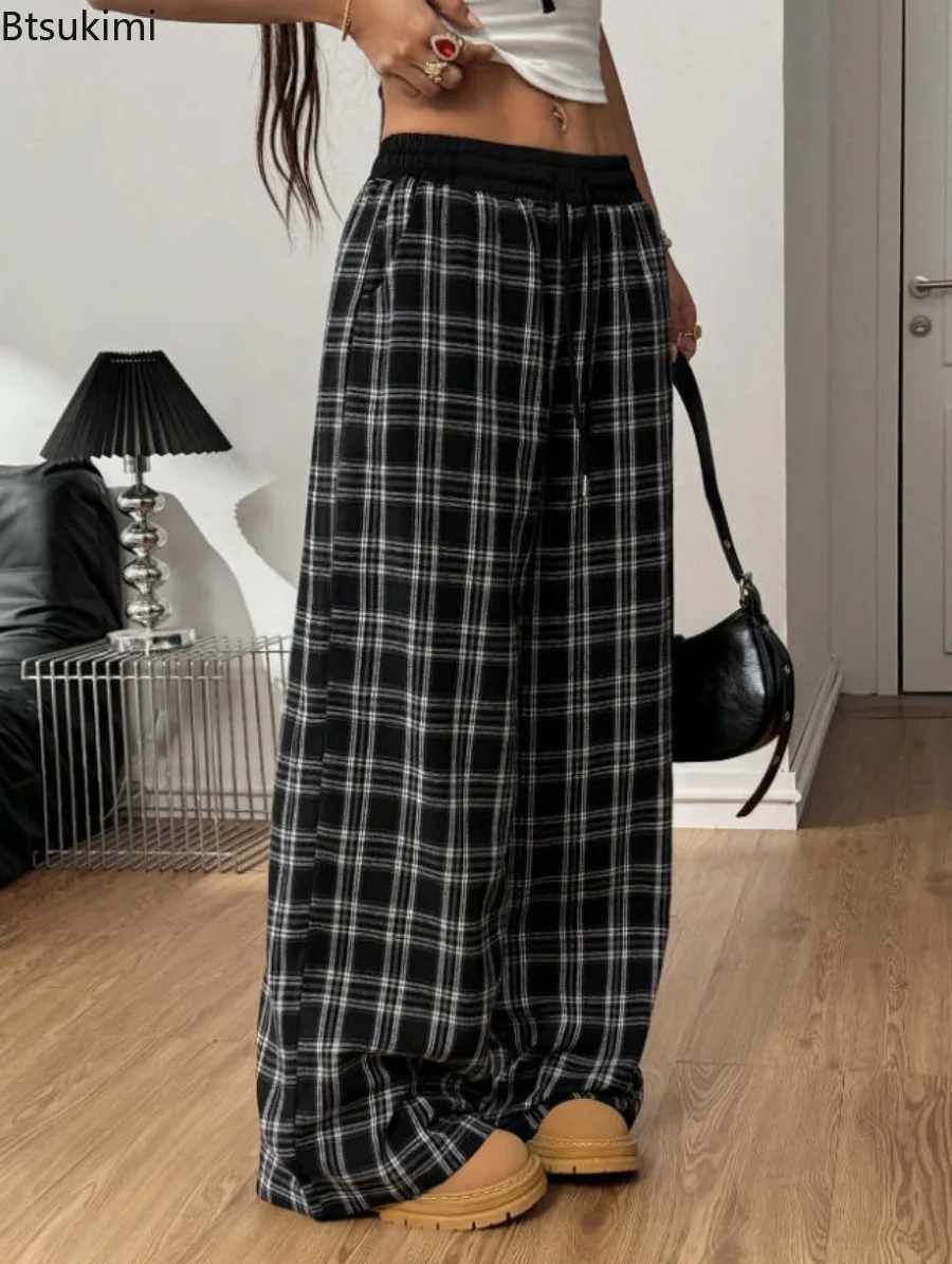 2026 Women's Oversize Sweatpants Summer Fashion Black Plaid Casual Pants Elastic Waist Casual Pockets Student Unisex Trousers