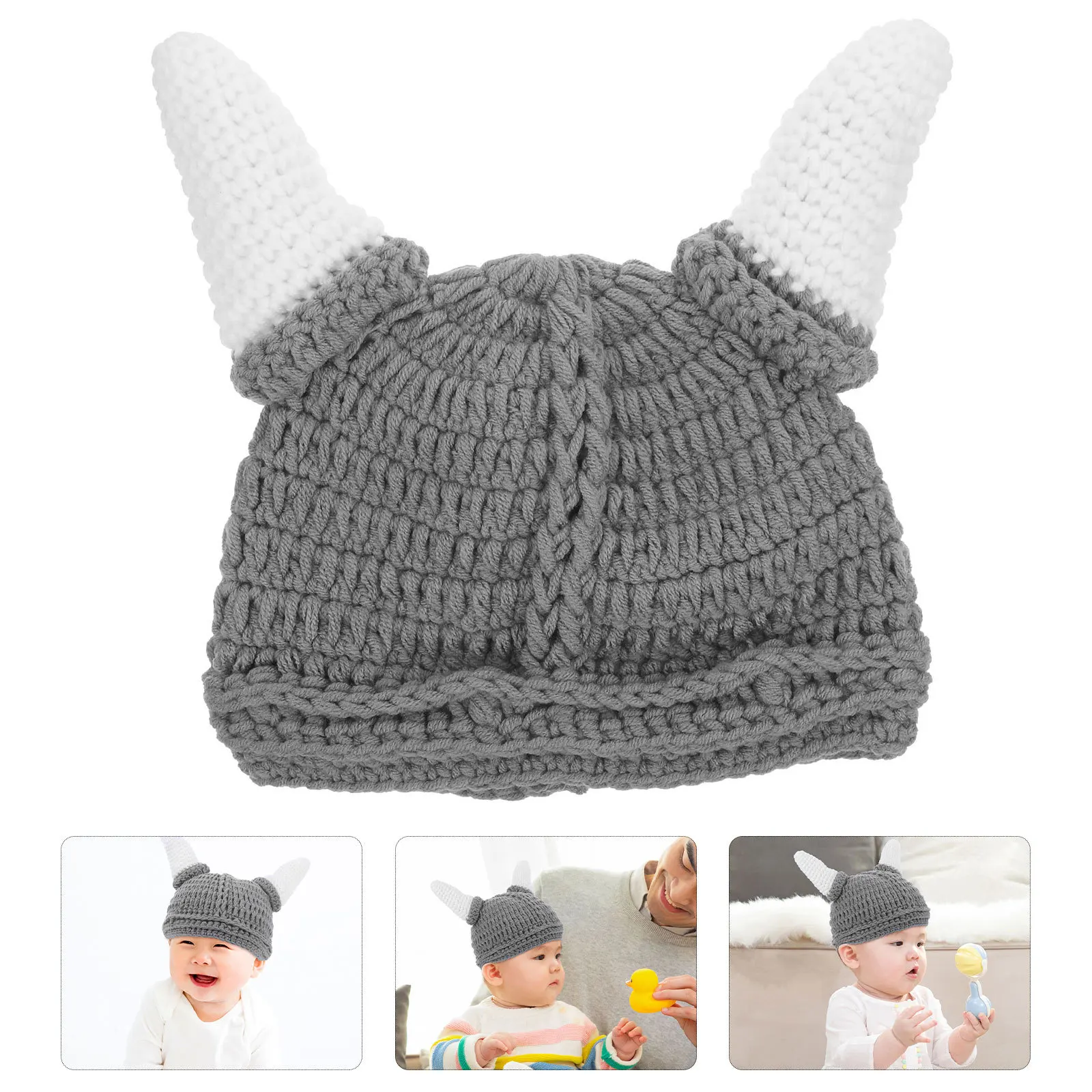

Kids Hat Ox Horn Design Baby Winter Wool Cap Warm Stretchy Beanie Durable Practical Use Cozy Charm Grey Kids Hat