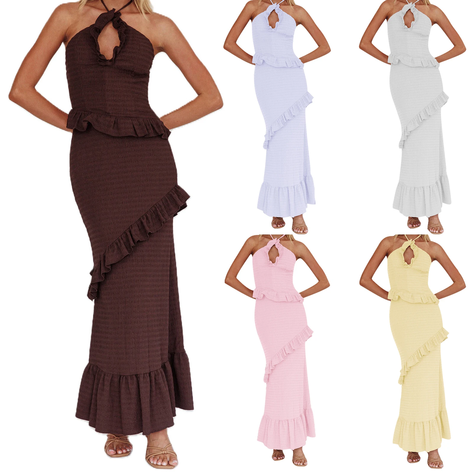 Completi estivi da donna Canottiere con scollo all'americana con ritaglio tinta unita + Gonna lunga sottile con volant Set Abiti da festa