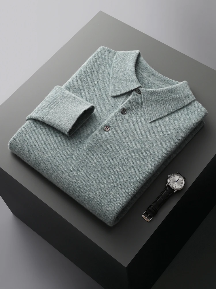 

High Quality Men's Wool Polo Pullover Sweater 100% Merino Wool Knitwear Smart Casual Comfort Solid Jumper Spring Autumn