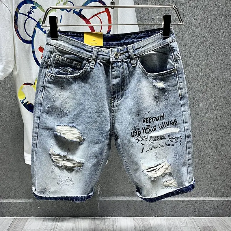 Koreanische Bewertungen Viele Kleidung Sommer Helle Gedruckt Denim Shorts Männer der Marke Lose Mittlere Koreanische Big Hafl Kurze Hosen