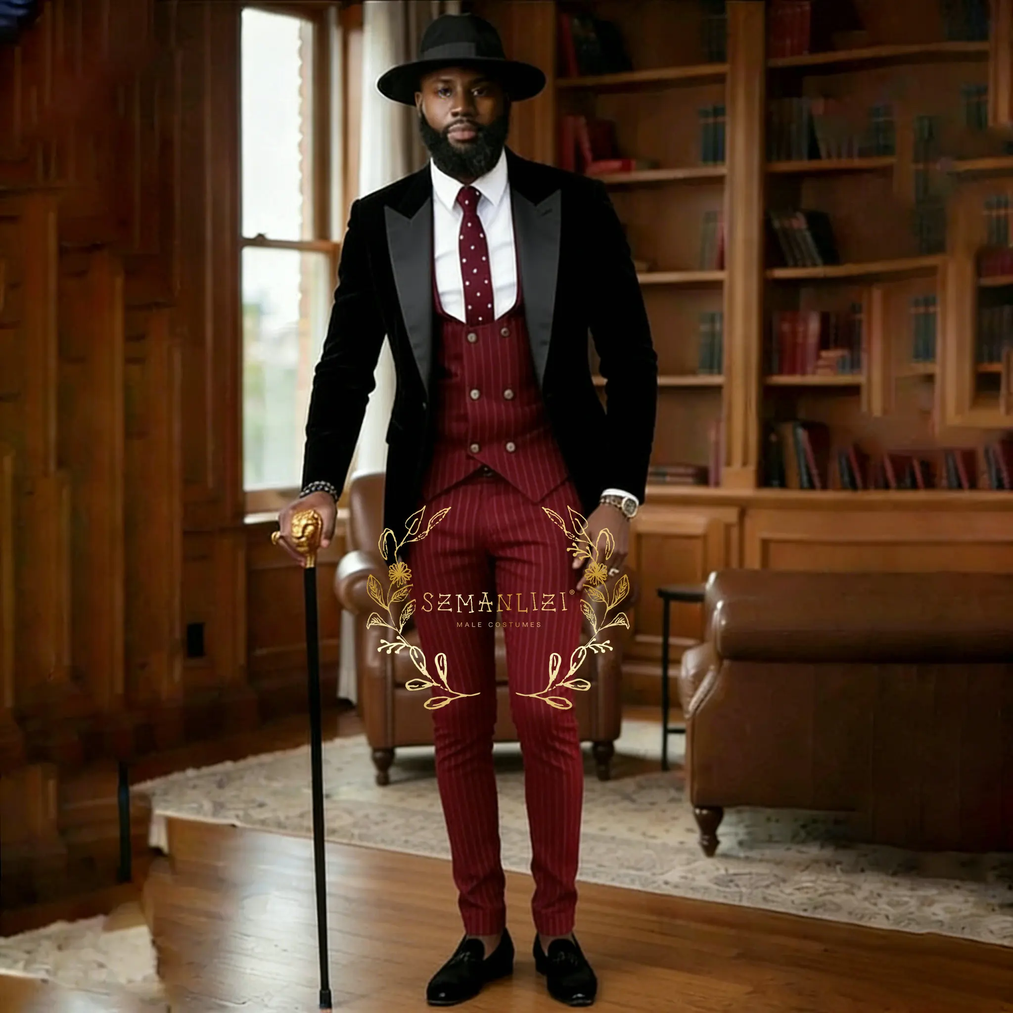 

Fashion Suits for Men Black Velvet Peaked Lapel Male Blazer Set Formal Groom Wedding Tuxedos 3 Pieces Jacket Striped Vest Pants