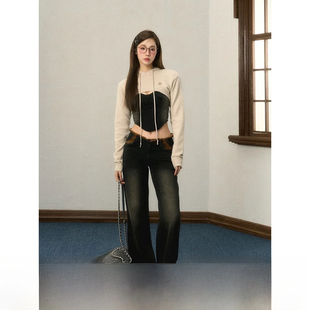 

Оригинальные винтажные лоскутные джинсы-колокольчики с застежкой-молнией на талии, женские джинсовые джинсы премиум-класса