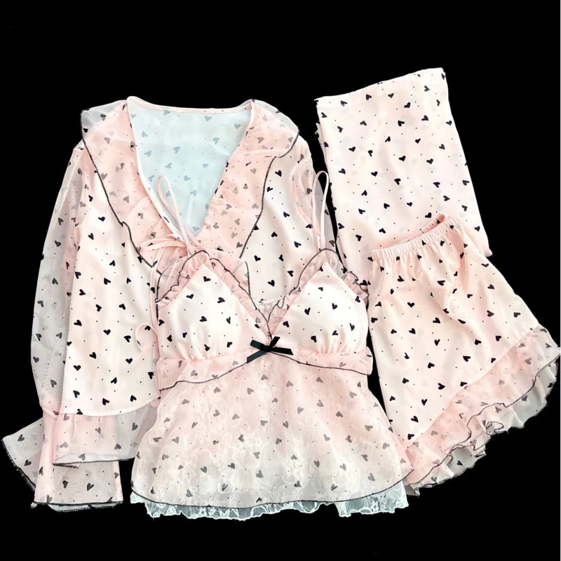 2026 Spring Summer Heart-shaped Polka Dot Ice Silk Sweet Sexy Pajamas Women Chest Pad 4piece Set Girl Nightgown Sleepwear Nighty